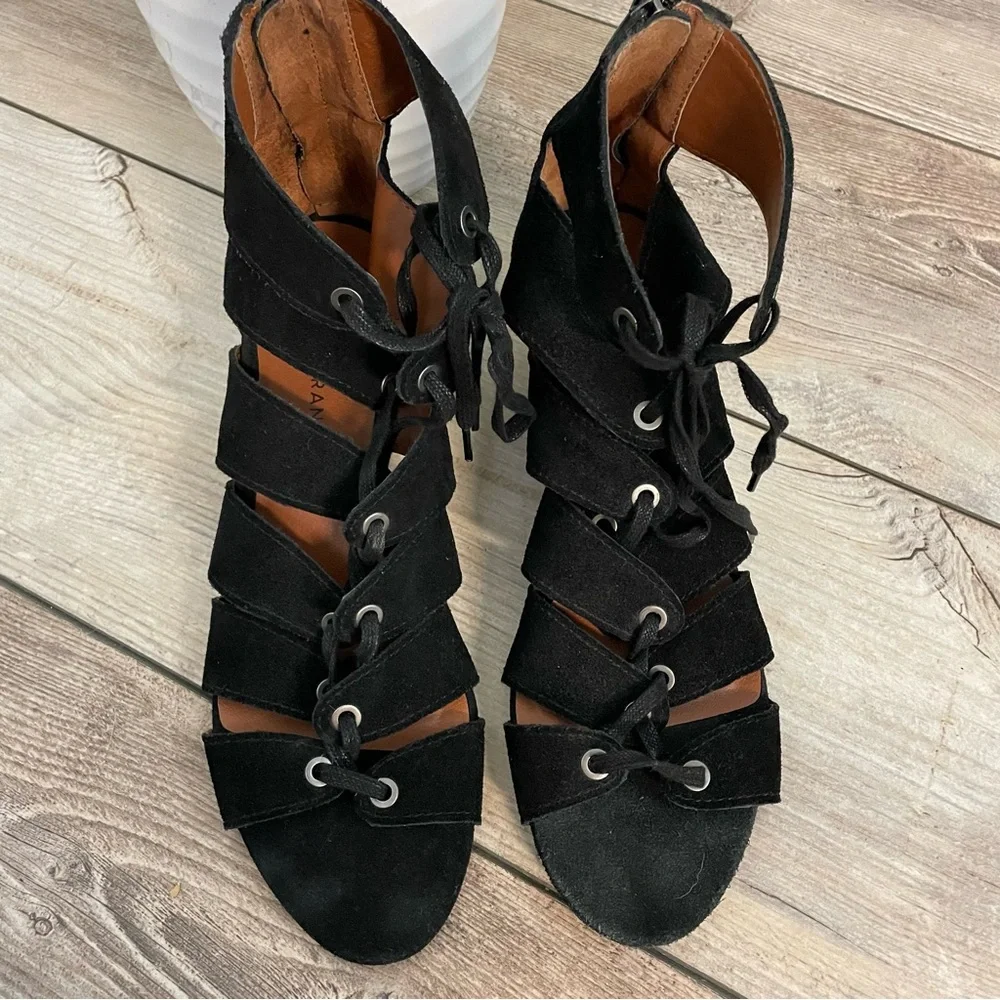 Lucky Brand Genevie Leather Lace Up Open Toe Block Heel Sandals‎